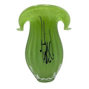 Vintage Green Murano Art Glass Vase With Hand-Painted Black Abstract Design